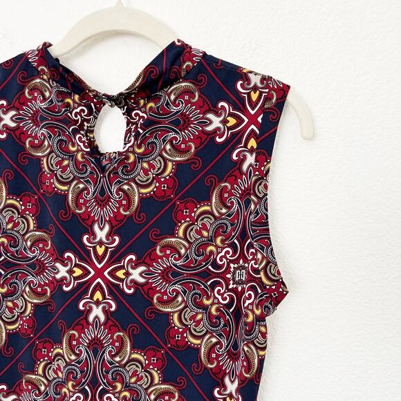 [Tommy Hilfiger] Navy Scroll Scarf Print Knot Neck Sleeveless Blouse Sz Large L - Picture 3 of 11